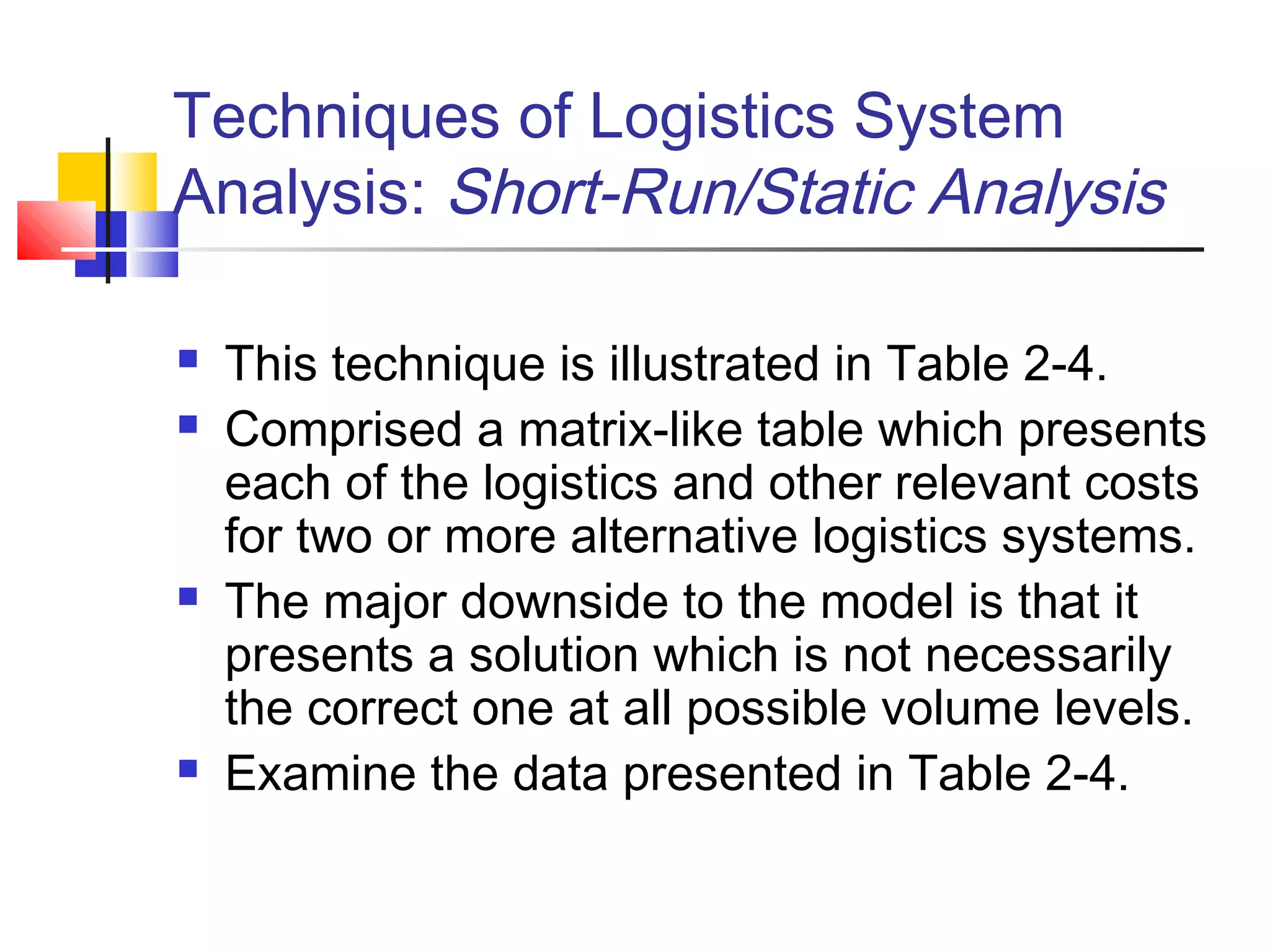 Techniques of Logistics System
Analysis: Short-Run/Static Analysis
 This technique is illustrated in Table 2-4.
 Comprised a matrix-like table which presents
each of the logistics and other relevant costs
for two or more alternative logistics systems.
 The major downside to the model is that it
presents a solution which is not necessarily
the correct one at all possible volume levels.
 Examine the data presented in Table 2-4.
 
