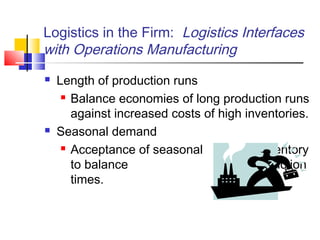 Logistics in the Firm: Logistics Interfaces
with Operations Manufacturing
 Length of production runs
 Balance economies of long production runs
against increased costs of high inventories.
 Seasonal demand
 Acceptance of seasonal inventory
to balance lead production
times.
 