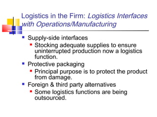Logistics in the Firm: Logistics Interfaces
with Operations/Manufacturing
 Supply-side interfaces
 Stocking adequate supplies to ensure
uninterrupted production now a logistics
function.
 Protective packaging
 Principal purpose is to protect the product
from damage.
 Foreign & third party alternatives
 Some logistics functions are being
outsourced.
 