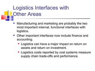 Logistics Interfaces with
Other Areas
 Manufacturing and marketing are probably the two
most important internal, functional interfaces with
logistics.
 Other important interfaces now include finance and
accounting.
 Logistics can have a major impact on return on
assets and return on investment.
 Logistics costs reported by cost systems measure
supply chain trade-offs and performance.
 