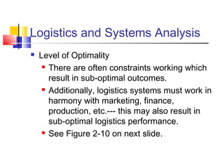 Logistics and Systems Analysis
 Level of Optimality
 There are often constraints working which
result in sub-optimal outcomes.
 Additionally, logistics systems must work in
harmony with marketing, finance,
production, etc.--- this may also result in
sub-optimal logistics performance.
 See Figure 2-10 on next slide.
 