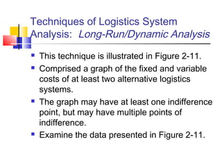Techniques of Logistics System
Analysis: Long-Run/Dynamic Analysis
 This technique is illustrated in Figure 2-11.
 Comprised a graph of the fixed and variable
costs of at least two alternative logistics
systems.
 The graph may have at least one indifference
point, but may have multiple points of
indifference.
 Examine the data presented in Figure 2-11.
 