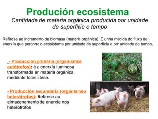 Refírese ao incremento de biomasa (materia orgánica). É unha medida do fluxo de
enerxía que percorre o ecosistema por unidade de superficie e por unidade de tempo.
Produción ecosistema
- Producción primaria (organismos
autótrofos): é a enerxía luminosa
transformada en materia orgánica
mediante fotosíntese.
- Producción secundaria (organismso
heterótrofos): Refírese ao
almacenamento de enerxía nos
heterótrofos
Cantidade de materia orgánica producida por unidade
de superficie e tempo
 