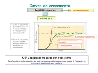 Curvas de crecemento
curvas en S
Condicións naturais Recursos limitados
1º - A poboación medra
exponencialmente (recursos ilimitados)
2º - A resistencia ambiental frea o
crecemento
2º - A poboación mantense máis ou
menos constante arredor dun valor K
K  Capacidade de carga dun ecosistema
Tamaño máximo dunha poboación que pode manterse dun xeito máis ou menos estable  Poboación en
crecemento estacionario e en equilibrio
 
