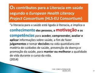 31
CVA - COM E LITERACIA EM
SAUDE 2016
Os contributos para a Literacia em saúde
segundo o European Health Literacy
Project Consortium (HLS-EU Consortium)
“a literacia para a saúde está ligada à literacia, e implica o
conhecimento das pessoas, a motivaçãoe as
competências para aceder, compreender, avaliar e
aplicar informações sobre saúde, a fim de fazer
julgamentos e tomar decisões na vida quotidiana em
matéria de cuidados de saúde, prevenção da doença e
promoção da saúde, para manter ou melhorar a qualidade
de vida durante o curso da vida.
(2014)
 