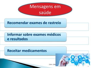 45
Mensagens em
saúde
CVA - COM E LITERACIA EM
SAUDE 2016
 