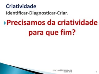 Precisamos da criatividade
para que fim?
CVA - COM E LITERACIA EM
SAUDE 2016 6
 