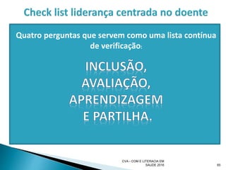 Quatro perguntas que servem como uma lista contínua
de verificação:
CVA - COM E LITERACIA EM
SAUDE 2016 65
 