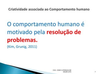 O comportamento humano é
motivado pela resolução de
problemas.
(Kim, Grunig, 2011)
CVA - COM E LITERACIA EM
SAUDE 2016 7
 