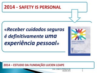 7
5
2014 - SAFETY IS PERSONAL
«Receber cuidados seguros
é definitivamente uma
experiência pessoal»
2014 – ESTUDO DA FUNDAÇÃO LUCIEN LEAPE
CVA - COM E LITERACIA EM
SAUDE 2016
 