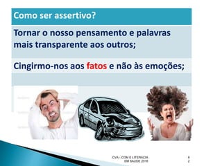 CVA - COM E LITERACIA
EM SAUDE 2016
8
2
Como ser assertivo?
Tornar o nosso pensamento e palavras
mais transparente aos outros;
Cingirmo-nos aos fatos e não às emoções;
 