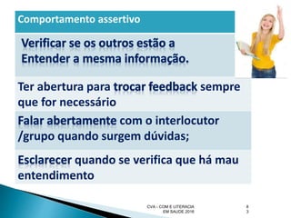 Comportamento assertivo
Ter abertura para sempre
que for necessário
com o interlocutor
/grupo quando surgem dúvidas;
quando se verifica que há mau
entendimento
CVA - COM E LITERACIA
EM SAUDE 2016
8
3
 