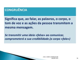 CONGRUÊNCIA
Significa que, ao falar, as palavras, o corpo, o
tom de voz e as ações da pessoa transmitem a
mesma mensagem.
Se transmitir uma ideia «falsa» ao comunicar,
comprometerá a sua credibilidade.(o corpo «fala»)
CVA - COM E LITERACIA EM
SAUDE 2016 85
 