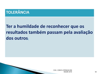 TOLERÂNCIA
Ter a humildade de reconhecer que os
resultados também passam pela avaliação
dos outros;
CVA - COM E LITERACIA EM
SAUDE 2016 93
 