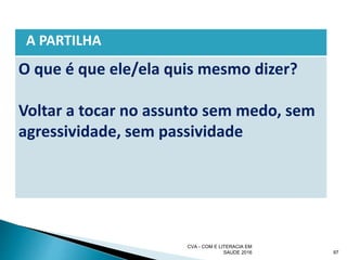 A PARTILHA
O que é que ele/ela quis mesmo dizer?
Voltar a tocar no assunto sem medo, sem
agressividade, sem passividade
CVA - COM E LITERACIA EM
SAUDE 2016 97
 
