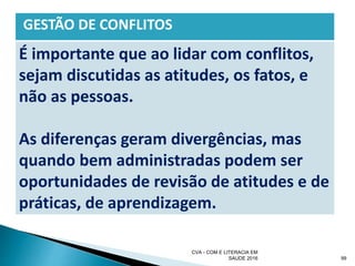 GESTÃO DE CONFLITOS
É importante que ao lidar com conflitos,
sejam discutidas as atitudes, os fatos, e
não as pessoas.
As diferenças geram divergências, mas
quando bem administradas podem ser
oportunidades de revisão de atitudes e de
práticas, de aprendizagem.
CVA - COM E LITERACIA EM
SAUDE 2016 99
 