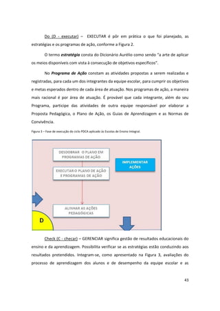 Do (D - executar) – EXECUTAR é pôr em prática o que foi planejado, as
estratégias e os programas de ação, conforme a Figura 2.

         O termo estratégia consta do Dicionário Aurélio como sendo “a arte de aplicar
os meios disponíveis com vista à consecução de objetivos específicos”.

         No Programa de Ação constam as atividades propostas a serem realizadas e
registradas, para cada um dos integrantes da equipe escolar, para cumprir os objetivos
e metas esperados dentro de cada área de atuação. Nos programas de ação, a maneira
mais racional é por área de atuação. É provável que cada integrante, além do seu
Programa, participe das atividades de outra equipe responsável por elaborar a
Proposta Pedagógica, o Plano de Ação, os Guias de Aprendizagem e as Normas de
Convivência.

Figura 3 – Fase de execução do ciclo PDCA aplicado às Escolas de Ensino Integral.




         Check (C - checar) – GERENCIAR significa gestão de resultados educacionais do
ensino e da aprendizagem. Possibilita verificar se as estratégias estão conduzindo aos
resultados pretendidos. Integram-se, como apresentado na Figura 3, avaliações do
processo de aprendizagem dos alunos e de desempenho da equipe escolar e as


                                                                                    43
 
