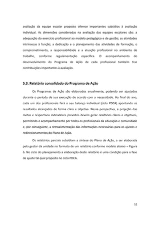 avaliação da equipe escolar proposto oferece importantes subsídios à avaliação
individual. As dimensões consideradas na avaliação das equipes escolares são: a
adequação do exercício profissional ao modelo pedagógico e de gestão; as atividades
intrínsecas à função; a dedicação e o planejamento das atividades de formação, o
comprometimento, a responsabilidade e a atuação profissional no ambiente de
trabalho,   conforme     regulamentação      específica.   O   acompanhamento    do
desenvolvimento do Programa de Ação de cada profissional também traz
contribuições importantes à avaliação.



5.3. Relatório consolidado do Programa de Ação

       Os Programas de Ação são elaborados anualmente, podendo ser ajustados
durante o período de sua execução de acordo com a necessidade. Ao final do ano,
cada um dos profissionais fará o seu balanço individual (ciclo PDCA) apontando os
resultados alcançados de forma clara e objetiva. Nessa perspectiva, a projeção das
metas e respectivos indicadores previstos devem gerar relatórios claros e objetivos,
permitindo o acompanhamento por todos os profissionais da educação e comunidade
e, por conseguinte, a retroalimentação das informações necessárias para os ajustes e
redirecionamentos do Plano de Ação.

       Os relatórios parciais subsidiam a síntese do Plano de Ação, a ser elaborada
pelo gestor da unidade no formato de um relatório conforme modelo abaixo – Figura
6. No ciclo do planejamento a elaboração deste relatório é uma condição para a fase
de ajuste tal qual proposto no ciclo PDCA.




                                                                                 52
 