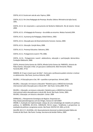 COSTA, A.C.G. Escola sem sala de aula. Papirus, 2004.

COSTA, A.C.G. Por Uma Pedagogia da Presença. Brasília: Editora: Ministério da Ação Social,
1991.

COSTA, A.C.G. Ser empresário: o pensamento de Norberto Odebrecht. Rio de Janeiro: Versal,
2004.

COSTA, A.C.G.. A Pedagogia da Presença – da solidão ao encontro. Modus Faciendi,1994.

COSTA, A.C.G.. A presença da Pedagogia, Global Editora, 2002.

COSTA, A.C.G.. Educação para do Desenvolvimento Humano. Saraiva, 2004.

COSTA, A.C.G.. Educação. Canção Nova, 2008.

COSTA, A.C.G.. Presença Educativa. Salesiana, 2001

COSTA, A.C.G.. Protagonismo Juvenil. FTD, 2006.

COSTA, A.C.G.. Protagonismo Juvenil: adolescência, educação e participação democrática.
Fundação Odebrecht, 2000.

COSTA, Antonio Carlos Gomes da: COSTA, Alfredo Carlos Gomes da: PIMENTEL, Antonio de
Pádua Gomes. Educação e Vida: um guia para o adolescente. Belo Horizonte. Modus
Faciendi,2001. 2ª Ed.

DAMON, W. O que o Jovem quer da Vida? - Como pais e professores podem orientar e motivar
os adolescentes. São Paulo, Summus Editorial, 2009.

DELORS, J. A Educação para o Sec. XXI – questões e perspectivas. Artmed ,2005.

DELORS, J. Educação: Um tesouro a Descobrir “Relatório para a UNESCO da Comissão
internacional sobre Educação para o Século XXI”. São Paulo: Cortez,2004. 9ª Ed.

DELORS, J. Educação: um tesouro a descobrir. Relatório para a UNESCO da Comissão
Internacional sobre educação para o século XXI. 8a ed. São Paulo: Cortez, 2003.
DELORS, J.Educação: um tesouro a descobrir. Cortez. 2004

DORNELAS, J. Planejamento Estratégico do Negócio. Disponível em:
http://www.planodenegocios.com.br/.Artigos. Acesso em 10/7/2007.
DRAIBE, S. Avaliação de implementação: esboço de uma metodologia de trabalho em políticas
públicas. In: BARREIRA, M.C.R.N.; CARVALHO. M.C.B. (orgs.). Tendências e perspectivas na
avaliação de políticas e programas sociais. São Paulo: IEE/PUC-SP, 2001, p.13-42.
GALVÃO, M.C.C.P.; OLIVEIRA, L.M. Desenvolvimento Gerencial na Administração Pública do
Estado de São Paulo. São Paulo: Fundap: Secretaria de Gestão Pública, 2009.


                                                                                             55
 