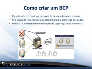 Como criar um BCP
• Preveja todos os cenários possíveis de desastre (comuns e raros).
• Crie níveis de redundância que proporcionem a protecção dos dados.
• Garanta o armazenamento de copias de segurança locais e remotas.
 