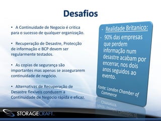 Desafios
• A Continuidade de Negocio é critica
para o sucesso de qualquer organização.

• Recuperação de Desastre, Protecção
de informação e BCP devem ser
regularmente testados.

• As copias de segurança são
importantes mas apenas se assegurarem
continuidade de negócio.

• Alternativas de Recuperação de
Desastre flexíveis conduzem a
Continuidade de Negocio rápida e eficaz.
 