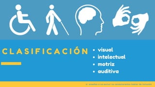 C L A S I F I C A C I Ó N
si  enseñas a no excluir no necesitaremos hablar de inclusión
visual
intelectual
motriz
auditiva
 