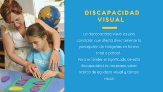 D I S C A P A C I D A D
V I S U A L
La discapacidad visual es una
condición que afecta directamente la
percepción de imágenes en forma
total o parcial.
Para entender el significado de esta
discapacidad es necesario saber
acerca de agudeza visual y campo
visual.
 