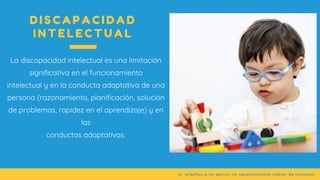 si  enseñas a no excluir no necesitaremos hablar de inclusión
La discapacidad intelectual es una limitación
significativa en el funcionamiento
intelectual y en la conducta adaptativa de una
persona (razonamiento, planificación, solución
de problemas, rapidez en el aprendizaje) y en
las
conductas adaptativas.
D I S C A P A C I D A D
I N T E L E C T U A L
 