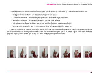 35
Guía-Cuaderno 2: Atención educativa de alumnos y alumnas con discapacidad auditiva
La lsm está constituida por una infinidad de conceptos que se reconocen como señas, y cada una de ellas cuenta con:
»» Configuración manual: forma que adopta la mano para hacer la seña.
»» Orientación: dirección a la que se dirige la palma de la mano en el espacio señante.
»» Movimiento: dirección a la que se dirige la seña con relación al señante.
»» Ubicación espacial: donde se ejecuta la seña con relación al señante (cuadrante señante).
»» Gesto: gestos gramaticales que van acompañados de la seña y que no pueden separarse.
El alfabeto manual de la lsm está constituido por 28 configuraciones manuales (formas de la mano) que representan letras
del alfabeto español. Estas configuraciones se utilizan para deletrear conceptos que no se pueden signar, tales como: nombres
propios o alguna palabra para la que no hay una seña; por ejemplo: la palabra orquídea.
 