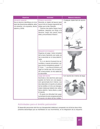 Discapacidad intelectual
Guía didáctica para la inclusión
en educación inicial y básica 27
Objetivos Actividad Material didáctico
Ubicación espacial
Que el alumno identifique en el es-
pacio las direcciones adelante, atrás,
a la derecha, a la izquierda, afuera,
adentro y límite.
El tesoro escondido
Esconde un objeto (el tesoro) para
que el niño lo busque siguiendo las
pistas que le das. Ejemplo:
“Camina tres pasos largos hacia
adelante, después uno largo a la
derecha, luego dos pasos hacia
atrás y encontrarás el tesoro”.
•	Cualquier objeto fácil de recono-
cer
Ubicación en el espacio
Organiza el juego: todos tomados
de la mano haciendo una rueda, se
van a esconder en un área determi-
nada.
Tú o un alumno buscará los es-
condites y cuando encuentren a al-
guno de los compañeros gritarán “1,
2, 3 por…” y se dice el nombre y el
lugar en donde ese niño se escon-
dió; al escucharlo, el niño saldrá de
su escondite.
Juego del resorte
Acomoda a dos alumnos para que
queden de frente con una separa-
ción aproximada de 2 metros. Los
dos detendrán el resorte a la altura
de los tobillos; el niño con discapa-
cidad intelectual deberá dar saltos
hacia adentro, hacia afuera y pisar
el resorte.
El grado de dificultad del juego
aumentará al subir progresivamente
el resorte a la altura de las rodillas.
•	Un resorte de 2 metros de largo
Actividades para el ámbito psicomotor
El desarrollo psicomotor del niño con discapacidad intelectual, comparado con el de los otros niños,
presenta desventajas que se manifiestan en sus movimientos, en la integración de su esquema
 