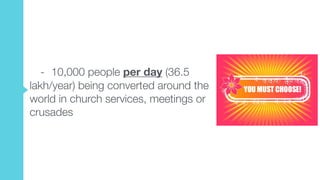 - 10,000 people per day (36.5
lakh/year) being converted around the
world in church services, meetings or
crusades
 