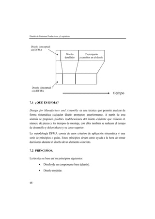 Diseño de Sistemas Productivos y Logísticos 
Diseño conceptual 
sin DFMA 
48 
Diseño 
detallado 
Prototipado 
y cambios en el diseño 
tiempo 
Diseño conceptual 
con DFMA 
7.1 ¿QUÉ ES DFMA? 
Design for Manufacture and Assembly es una técnica que permite analizar de 
forma sistemática cualquier diseño propuesto anteriormente. A partir de este 
análisis se proponen posibles modificaciones del diseño existente que reducen el 
número de piezas y los tiempos de montaje, con ellos también se reducen el tiempo 
de desarrollo y del producto y su coste superior. 
La metodología DFMA consta de unos criterios de aplicación sistemática y una 
serie de principios o guías. Estos principios sirven como ayuda a la hora de tomar 
decisiones durante el diseño de un elemento concreto. 
7.2 PRINCIPIOS. 
La técnica se basa en los principios siguientes: 
· Diseño de un componente base (chasis). 
· Diseño modular. 
 