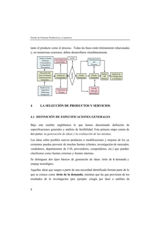 Diseño de Sistemas Productivos y Logísticos 
tanto el producto como el proceso. Todas las fases están íntimamente relacionadas 
y, en numerosas ocasiones, deben desarrollarse simultáneamente. 
8 
Desarrollo del 
Nuevo Producto. 
Especificaciones 
Generales. 
Investigación 
de mercado 
Estudio de 
Factibilidad 
Factible 
Diseño 
Preliminar 
Planificación 
del 
Proceso 
Diseño 
Detallado 
Diseño 
del 
Proceso 
Análisis de 
la Producción 
y el Proceso 
Desde el Medio 
Ambiente: 
Consumidores 
Competidores 
Proveedores 
Desde la Cía: 
Ingeniería 
Márketing 
Producción 
Valoración 
Técnica 
STOP 
Test de 
Mercado 
(prototipo) 
4 LA SELECCIÓN DE PRODUCTOS Y SERVICIOS 
4.1 DEFINICIÓN DE ESPECIFICACIONES GENERALES 
Bajo este nombre englobamos lo que hemos denominado definición de 
especificaciones generales y análisis de factibilidad. Esta primera etapa consta de 
dos partes: la generación de ideas y la evaluación de las mismas. 
Las ideas sobre posibles nuevos productos o modificaciones y mejoras de los ya 
existentes pueden provenir de muchas fuentes (clientes, investigación de mercados, 
vendedores, departamento de I+D, proveedores, competidores, etc.) que pueden 
clasificarse como fuentes externas y fuentes internas. 
Se distinguen dos tipos básicos de generación de ideas: tirón de la demanda y 
empuje tecnológico. 
Aquellas ideas que surgen a partir de una necesidad identificada forman parte de lo 
que se conoce como tirón de la demanda, mientras que las que provienen de los 
resultados de la investigación (por ejemplo: cirugía por láser o satélites de 
 