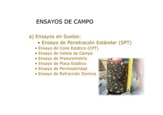 > a) Ensayos en Suelos:
• Ensayo de Penetración Estándar (SPT)
• Ensayo de Cono Estático (CPT)
• Ensayo de Veleta de Campo
• Ensayo de Presurometría
• Ensayo de Placa Estático
• Ensayo de Permeabilidad
• Ensayo de Refracción Sísmica
ENSAYOS DE CAMPO
 