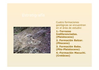 Estratigrafía
> Cuatro formaciones
geológicas se encuentran
en el área de estudio:
> 1.-Terrazas
Indiferenciadas.
(Pleistoceno)
> 2. Formación Balzar.
(Plioceno)
> 3. Formación Baba.
(Plio-Pleistoceno)
> 4.-Formación Macuchi.
(Cretáceo)
 