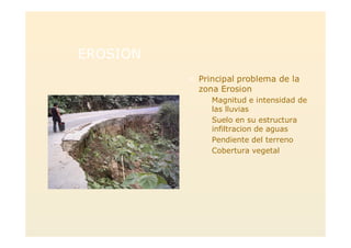 EROSIONEROSION
> Principal problema de la
zona Erosion
Magnitud e intensidad de
las lluvias
Suelo en su estructura
infiltracion de aguas
Pendiente del terreno
Cobertura vegetal
 