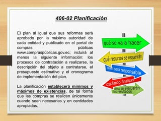 406-02 Planificación
El plan al igual que sus reformas será
aprobado por la máxima autoridad de
cada entidad y publicado en el portal de
compras públicas
www.compraspúblicas.gov.ec; incluirá al
menos la siguiente información: los
procesos de contratación a realizarse, la
descripción del objeto a contratarse, el
presupuesto estimativo y el cronograma
de implementación del plan.
La planificación establecerá mínimos y
máximos de existencias, de tal forma
que las compras se realicen únicamente
cuando sean necesarias y en cantidades
apropiadas.
 