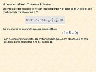 b) No se reemplaza la 1a después de sacarla.
Entonces los dos sucesos ya no son independientes y el color de la 2a bola sí está
condicionada por el color de la 1a.
Es importante no confundir sucesos incompatibles
con sucesos independientes (la probabilidad de que ocurra el suceso A no está
afectada por la ocurrencia o no del suceso B).
 