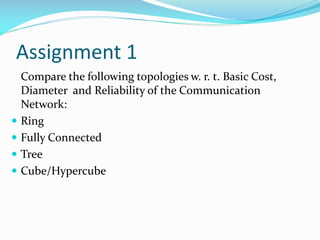 Assignment 1
Compare the following topologies w. r. t. Basic Cost,
Diameter and Reliability of the Communication
Network:
 Ring
 Fully Connected
 Tree
 Cube/Hypercube
 
