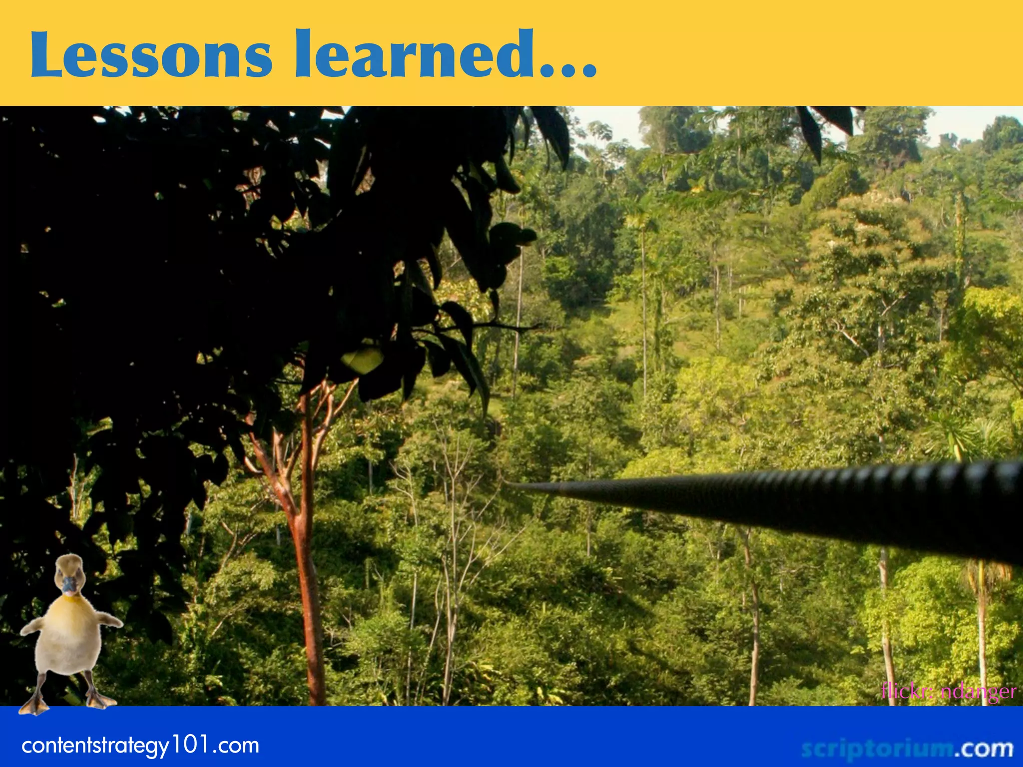 Lessons	
 learned…




                         ﬂickr: ndanger

contentstrategy101.com
 