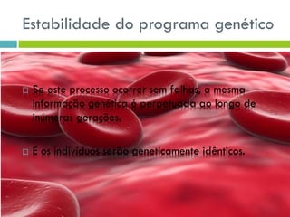 Estabilidade do programa genético
 Se este processo ocorrer sem falhas, a mesma
informação genética é perpetuada ao longo de
inúmeras gerações.
 E os indivíduos serão geneticamente idênticos.
 