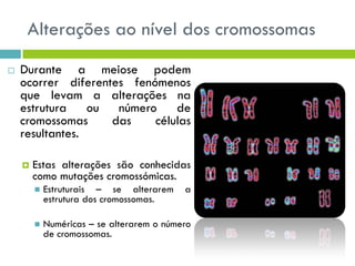 Alterações ao nível dos cromossomas
 Durante a meiose podem
ocorrer diferentes fenómenos
que levam a alterações na
estrutura ou número de
cromossomas das células
resultantes.
 Estas alterações são conhecidas
como mutações cromossómicas.
 Estruturais – se alterarem a
estrutura dos cromossomas.
 Numéricas – se alterarem o número
de cromossomas.
 