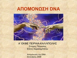 ΑΠΟΜΟΝΩΣΗ DNA 
A’ ΕΚΦΕ ΠΕΙΡΑΙΑ-ΚΑΛΛΙΠΟΛΗΣ 
Σπύρος Πάγκαλος 
Ελένη Χαραλαμπάτου 
Απομόνωση του DNA 
Ιανουάριος 2009 
 
