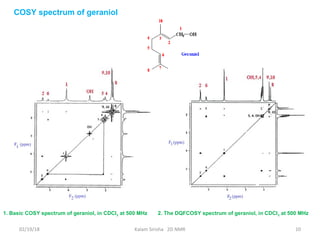 02/19/18 Kalam Sirisha 2D NMR 10
1. Basic COSY spectrum of geraniol, in CDCl3 at 500 MHz 2. The DQFCOSY spectrum of geraniol, in CDCl3 at 500 MHz
COSY spectrum of geraniol
 