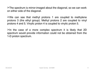 The spectrum is mirror-imaged about the diagonal, so we can work
on either side of the diagonal.
We can see that methyl protons 1 are coupled to methylene
protons 3 (the ethyl group). Methyl protons 2 are coupled to vinyl
protons 4 and 5. Vinylic proton 4 is coupled to vinylic proton 5.
In the case of a more complex spectrum it is likely that 2D
spectrum would provide information could not be obtained from the
1-D proton spectrum.
02/19/18 9Kalam Sirisha 2D NMR
 