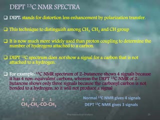 DEPT 13C NMR SPECTRA
 DEPT: stands for distortion less enhancement by polarization transfer.
 This technique to distinguish among CH3, CH2, and CH group
 It is now much more widely used than proton coupling to determine the
number of hydrogens attached to a carbon.
 DEPT 13C spectrum does not show a signal for a carbon that is not
attached to a hydrogen.
 For example: 13C NMR spectrum of 2-butanone shows 4 signals because
it has 4 non-equivalent carbons, whereas the DEPT 13C NMR of 2-
butanone shows only three signals because the carbonyl carbon is not
bonded to a hydrogen, so it will not produce a signal.
CH3-CH2-CO-CH3
Normal 13C NMR gives 4 signals
DEPT 13C NMR gives 3 signals
1234
Pharmaceutical Analysis 25
 