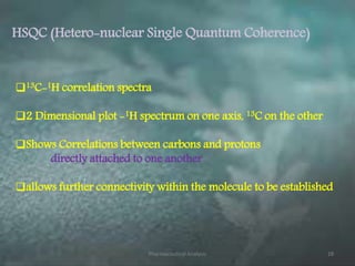 HSQC (Hetero-nuclear Single Quantum Coherence)
13C-1H correlation spectra
2 Dimensional plot -1H spectrum on one axis, 13C on the other
Shows Correlations between carbons and protons
directly attached to one another
allows further connectivity within the molecule to be established
Pharmaceutical Analysis 28
 