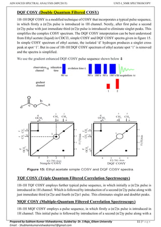 ADVANCED SPECTRAL ANALYSIS (MPC201T) UNIT-I_NMR SPECTROSCOPY
Prepared by-Subham Kumar Vishwakarma, Guided by- Dr. S Raja_Gitam University 11 |P a g e
Email: - Shubhamkumarvishwakarma7@gmail.com
DQF COSY (Double Quantum Filtered COSY)
1H-1H DQF COSY is a modified technique of COSY that incorporates a typical pulse sequence,
in which firstly a (π/2)x pulse is introduced in 1H channel. Nextly, after first pulse a second
(π/2)y pulse with just immediate third (π/2)z pulse is introduced to eliminate singlet peaks. This
simplifies the complex COSY spectrum. The DQF COSY interpretation can be best understood
from Ethyl acetate (liquid) in CDCl3, simple COSY and DQF COSY spectra given in figure 15.
In simple COSY spectrum of ethyl acetate, the isolated ‘d’ hydrogen produces a singlet cross
peak at spot ‘1’. But in case of 1H-1H DQF COSY spectrum of ethyl acetate spot ‘1’ is removed
and the spectra is simplified.
We use the gradient enhanced DQF-COSY pulse sequence shown below
TQF COSY (Triple Quantum Filtered Correlation Spectroscopy)
1H-1H TQF COSY employs further typical pulse sequence, in which initially a (π/2)x pulse is
introduced in 1H channel. Which is followed by introduction of a second (π/2)y pulse along with
just immediate third (π/2)z and fourth (π/2)z1 pulse. This eliminates singlet and doublet peaks.
MQF COSY (Multiple-Quantum Filtered Correlation Spectroscopy)
1H-1H MQF COSY employs a pulse sequence, in which firstly a (π/2)x pulse is introduced in
1H channel. This initial pulse is followed by introduction of a second (π/2)y pulse along with a
 