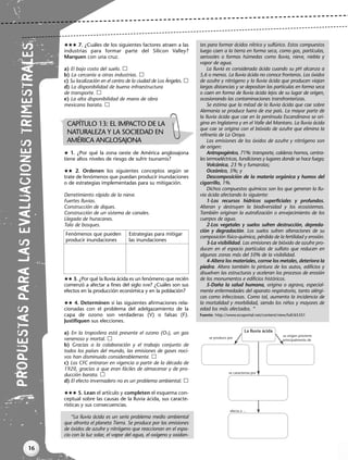 16
PR
OP
UES
TAS
PA
RA
LAS
EVA
LUA
CIO
NES
TRI
ME
STR
ALE
S
CAPÍTULO 13: EL IMPACTO DE LA
NATURALEZA Y LA SOCIEDAD EN
AMÉRICA ANGLOSAJONA
 7. ¿Cuáles de los siguientes factores atraen a las
industrias para formar parte del Silicon Valley?
Marquen con una cruz.
a) El bajo costo del suelo.
b) La cercanía a otras industrias.
c) Su localización en el centro de la ciudad de Los Ángeles.
d) La disponibilidad de buena infraestructura
de transporte.
e) La alta disponibilidad de mano de obra
mexicana barata.
 1. ¿Por qué la zona oeste de América anglosajona
tiene altos niveles de riesgo de sufrir tsunamis?
 2. Ordenen los siguientes conceptos según se
trate de fenómenos que puedan producir inundaciones
o de estrategias implementadas para su mitigación.
Derretimiento rápido de la nieve.
Fuertes lluvias.
Construcción de diques.
Construcción de un sistema de canales.
Llegada de huracanes.
Tala de bosques.
Fenómenos que pueden Estrategias para mitigar
producir inundaciones las inundaciones
 3. ¿Por qué la lluvia ácida es un fenómeno que recién
comenzó a afectar a fines del siglo XVIII? ¿Cuáles son sus
efectos en la producción económica y en la población?
 4. Determinen si las siguientes afirmaciones rela-
cionadas con el problema del adelgazamiento de la
capa de ozono son verdaderas (V) o falsas (F).
Justifiquen sus elecciones.
a) En la troposfera está presente el ozono (O3), un gas
venenoso y mortal.
b) Gracias a la colaboración y el trabajo conjunto de
todos los países del mundo, las emisiones de gases noci-
vos han disminuido considerablemente.
c) Los CFC entraron en vigencia a partir de la década de
1920, gracias a que eran fáciles de almacenar y de pro-
ducción barata.
d) El efecto invernadero no es un problema ambiental.
 5. Lean el artículo y completen el esquema con-
ceptual sobre las causas de la lluvia ácida, sus caracte-
rísticas y sus consecuencias.
“La lluvia ácida es un serio problema medio ambiental
que afronta el planeta Tierra. Se produce por las emisiones
de óxidos de azufre y nitrógeno que reaccionan en el espa-
cio con la luz solar, el vapor del agua, el oxígeno y oxidan-
tes para formar ácidos nítrico y sulfúrico. Estos compuestos
luego caen a la tierra en forma seca, como gas, partículas,
aerosoles o formas húmedas como lluvia, nieve, niebla y
vapor de agua.
La lluvia es considerada ácida cuando su pH alcanza a
5,6 o menos. La lluvia ácida no conoce fronteras. Los óxidos
de azufre y nitrógeno y la lluvia ácida que producen viajan
largas distancias y se depositan las partículas en forma seca
o caen en forma de lluvia ácida lejos de su lugar de origen,
ocasionando las contaminaciones transfronterizas.
Se estima que la mitad de la lluvia ácida que cae sobre
Alemania se produce fuera de ese país. La mayor parte de
la lluvia ácida que cae en la península Escandinava se ori-
gina en Inglaterra y en el Valle del Mantaro. La lluvia ácida
que cae se origina con el bióxido de azufre que elimina la
refinería de La Oroya.
Las emisiones de los óxidos de azufre y nitrógeno son
de origen:
Antropogénico, 71%: transporte, calderas hornos, centra-
les termoeléctricas, fundiciones y lugares donde se hace fuego;
Volcánica, 23 % y fumarolas;
Oceánico, 5%; y
Descomposición de la materia orgánica y humos del
cigarrillo, 1%.
Dichos compuestos químicos son los que generan la llu-
via ácida afectando lo siguiente:
1-Los recursos hídricos superficiales y profundos.
Alteran y destruyen la biodiversidad y los ecosistemas.
También originan la eutrofización o envejecimiento de los
cuerpos de agua.
2-Los vegetales y suelos sufren destrucción, depreda-
ción y degradación. Los suelos sufren alteraciones de su
composición físico-química, pérdida de la fertilidad y erosión.
3-La visibilidad. Las emisiones de bióxido de azufre pro-
ducen en el espacio partículas de sulfato que reducen en
algunas zonas más del 50% de la visibilidad.
4-Altera los materiales, corroe los metales, deteriora la
piedra. Altera también la pintura de los autos, edificios y
disuelven las estructuras y aceleran los procesos de erosión
de los monumentos e edificios históricos.
5-Daña la salud humana, origina o agrava, especial-
mente enfermedades del aparato respiratorio, tanto alérgi-
cas como infecciosas. Como tal, aumenta la incidencia de
la mortalidad y morbilidad, siendo los niños y mayores de
edad los más afectados. “
Fuente: http://www.ecoportal.net/content/view/full/65351
La lluvia ácida
se produce por
su origen proviene
principalmente de
se caracteriza por
afecta a ...
Libro Docente geografia 2 tomas 11-16.qxd 12/27/07 2:04 PM Page 16
 