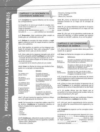 8
PR
OP
UES
TAS
PA
RA
LAS
EVA
LUA
CIO
NES
TRI
ME
STR
ALE
S
 1. Completen los espacios faltantes con los concep-
tos correspondientes:
La Geografía es la ciencia que estudia la compleja inter-
acción entre la sociedad y la .........................., de la cual
surgen los llamados ..........................................., que son
resultado de las transformaciones que la .................. rea-
liza sobre el .................... para satisfacer sus necesidades.
 2. Respondan: ¿Qué condiciones debe cumplir un
Estado para ser considerado como tal?
 3. Definan el concepto de mapa temático y expli-
quen la diferencia entre los mapas temáticos cuantita-
tivos y los cualitativos
 4. ¿Qué significa, en realción con las imágenes sate-
litales, el concepto de “falso color compuesto”? ¿Qué
significado tienen cada uno de los colores?
 5. ¿Para cuáles de los siguientes ejemplos sería útil el
uso de la cartografía satelital? Justifiquen sus elecciones.
- El estudio del área de riesgo de inundación de un río.
- El avance de la cultura europea en los barrios carencia-
dos de Río de Janeiro.
- La expansión de la mancha urbana de una ciudad.
 6. Unan con flechas los temas que estudia la Geo-
grafía con su ejemplo correspondiente.
 7. ¿De qué manera los aspectos históricos influye-
ron en la regionalización de América?
 8. Con la ayuda de un mapa físico político color Nº 6
de América, establezcan la localización absoluta en
latitud y longitud de las siguientes ciudades:
- Managua
- Ottawa
- Sucre
- Caracas
- La Habana
 9. Establezcan, utilizando la escala numérica o grá-
fica del mapa, la distancia entre las siguientes ciudades:
- Buenos Aires y Washington.
- Montevideo y Brasilia.
- Panamá y Santiago de Chile.
- La Paz y Bogotá.
- México DF y Asunción.
 10. ¿Cómo se relaciona la representación de la
superficie terrestre en un mapa con el concepto de
escala?
 11. ¿A cuántos kilómetros equivale en el espacio
una distancia de 16 centímetros en un mapa con una
escala 1:250.000?
 12. ¿Por qué, en los planisferios tradicionales de
proyección Mercator, el último paralelo que aparece
marcado es el de 60º y además, no se ven los polos?
 1. ¿Qué condiciones naturales deben darse para la for-
mación de un glaciar?
 2. Unan con flechas los conceptos con sus definiciones
 3. ¿Cuál de las dos escalas de mediciones de sismos
podría establecerse a partir simplemente de la observa-
ción? Justifiquen sus respuestas.
 4. ¿Cómo se hace para localizar el epicentro de un
sismo? Grafiquen en un planisferio suponiendo que el
epicentro de un sismo se haya detectado en las islas Hawái
 5. ¿Es posible afirmar que dos lugares que se
encuentren a la misma distancia del ecuador tienen la
misma temperatura? ¿Por qué?
 6. Mencionen los factores que condicionan el desarro-
llo de los ecosistemas y expliquen tres de ellos.
 7. ¿Por qué, para la regionalización de los ecosiste-
mas, se utilizan las características de la vegetación y no
de la fauna?
 8. Completen los espacios con los conceptos corres-
pondientes:
La distribución de las precipitaciones depende de la circu-
lación de los ................... El aire se desplaza de un lugar
a otro por diferencias de ......................., desde las zonas
de mayor presión y ................. temperatura llamadas
....................... a las zonas de ............. presión y .............
temperatura llamadas ...............
CAPÍTULO 1: LA GEOGRAFÍA Y EL
CONTINENTE AMERICANO
CAPÍTULO 2: LAS CONDICIONES
NATURALES DE AMÉRICA
Temas
Los cambios en el
paisaje urbano.
Las causas y
consecuencias de las
migraciones.
Los problemas de la
tenencia de la tierra
en áreas rurales
El aprovechamiento
económico de los
recursos naturales y
su impacto en el
ambiente.
Conceptos
Bordes de
convergencia.
Bordes de
divergencia.
Bordes
transformantes.
Definiciones
Dos placas se desplazan de forma lateral, no
generan cambios en la altura del relieve, pero
sí en la forma de los continentes.
Dos placas se alejan una de otra, dejan una
cavidad que es ocupada por los océanos. El
magma sale a la superficie y forma
encadenamientos de volcanes bajo el océano.
Dos placas se unen, una de ellas se eleva
formando una cordillera, la otra se hunde en
el magma y se funde por el calor.
Ejemplos
El estudio de impacto
ambiental de la papelera
Botnia en el Uruguay.
El estudio del Movimiento de
los Trabajadores Rurales Sin
Tierra del Brasil.
Las modificaciones en el
paisaje y en la provisión de
servicios a partir del auge de
la construcción en el barrio de
Caballito.
La violación a los derechos
humanos en la frontera entre
Estados Unidos y México
Libro Docente geografia 2_vale_01-10.qxd 12/27/07 2:03 PM Page 8
 